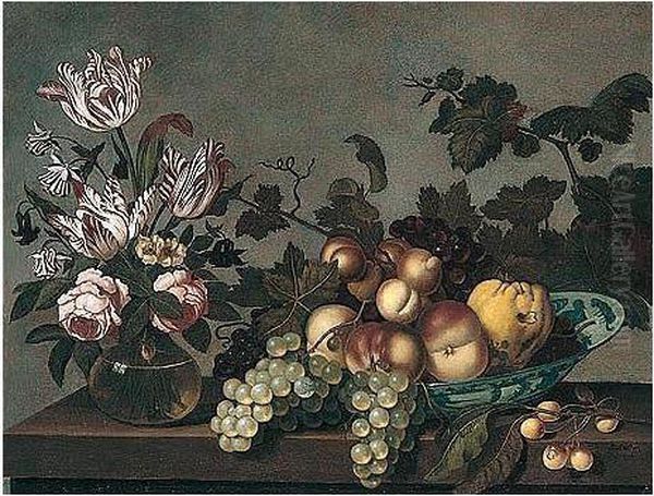 Still Life Of Peaches, Grapes And A Pear In A Blue And White Porcelain Bowl, Together With Variegated Tulips And Roses In A Glass Vase, Arranged Upon A Stone Ledge Oil Painting by Bartholomeus Assteyn