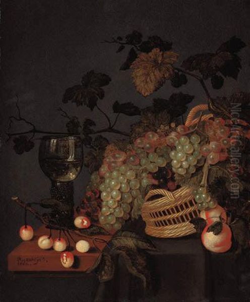 A Basket With Grapes, A Roemer And Cherries On A Partly Drapedledge Oil Painting by Bartholomeus Assteyn