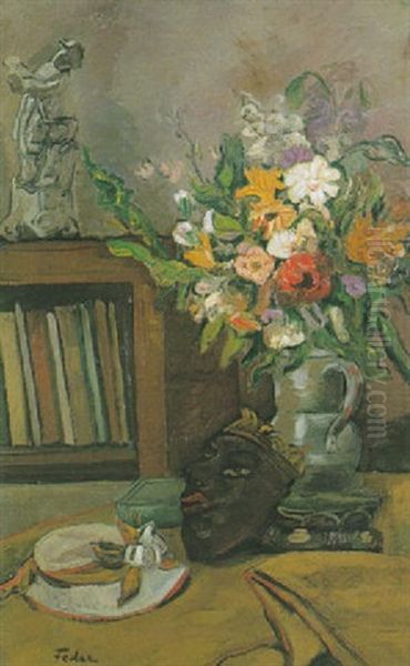 Nature Morte Au Bouquet De Fleurs Et Au Masque Oil Painting by Adolphe Aizik Feder