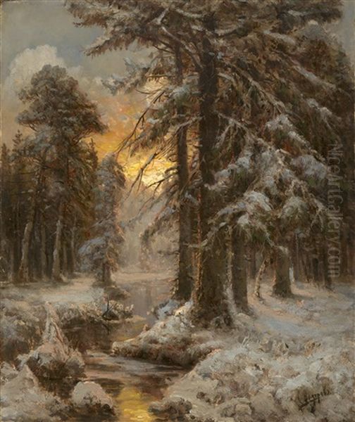 Sunset In The Winter Forest Oil Painting by Simeon Fedorovich Fedorov