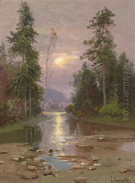 Flusslandschaft In Der Abenddammerung Oil Painting by Simeon Fedorovich Fedorov