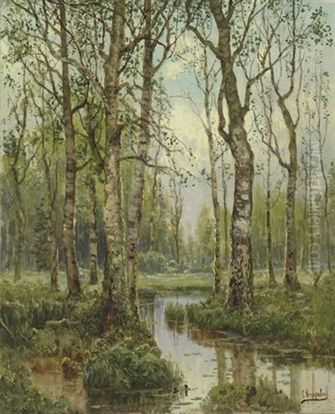 A Stream Running Through A Birch Wood Oil Painting by Simeon Fedorovich Fedorov