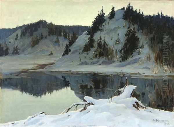 Evening Calm, Lake In Winter Landscape Oil Painting by Vladimir Nikolaevich Fedorovich