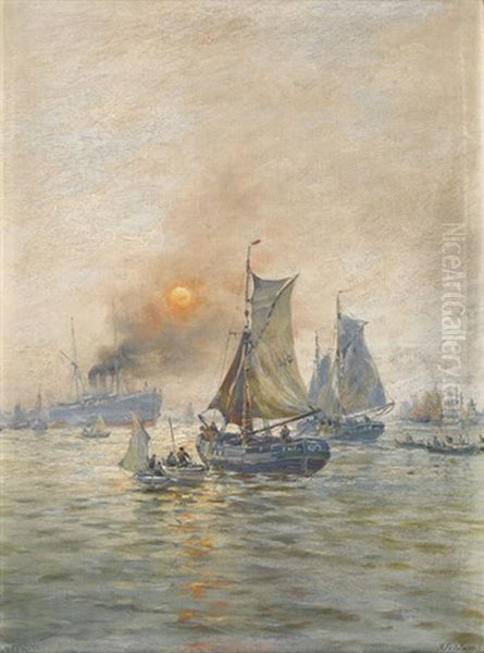 Schiffe Vor Hafen Bei Untergehender Sonne Oil Painting by Richard Fehdmer