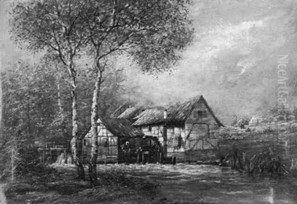 Watermill With Figures In A Forest Clearing Oil Painting by Richard Fehdmer