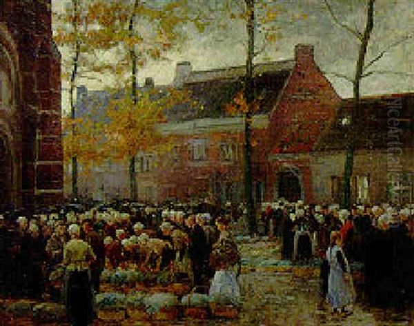 A Village Market Oil Painting by Richard Fehdmer