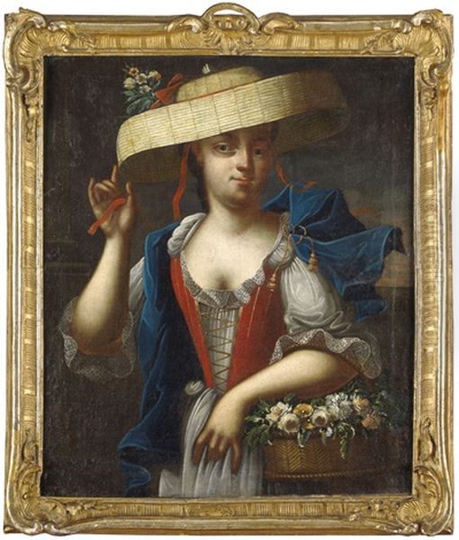 Bildnis Einer Dame Als Flora, Huftbildnis In Landlicher Tracht Mit Strohhut Und Blumenkorb Oil Painting by Heinrich Christoph Fehling