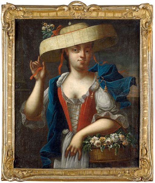 Bildnis Einer Dame Als Flora, In Landlicher Tracht Mit Strohhut Und Blumenkorb Oil Painting by Heinrich Christoph Fehling