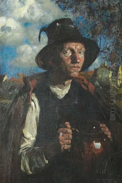 Bauer Mit Krug, Im Hintergrund Hauser Oil Painting by Friedrich Fehr