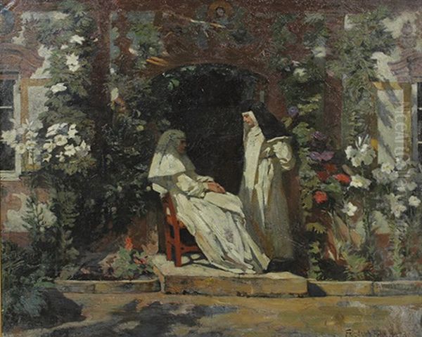 Sommer Im Klosterhof. Zwei Nonnen Im Gesprach Oil Painting by Friedrich Fehr