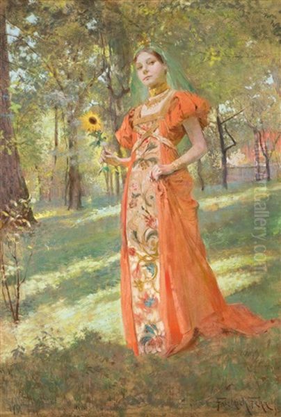 Madchen Mit Sonnenblume Oil Painting by Friedrich Fehr