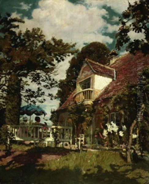 Sommeridylle. Zwei Damen Im Bluhenden Garten Eines Landhauses Oil Painting by Friedrich Fehr