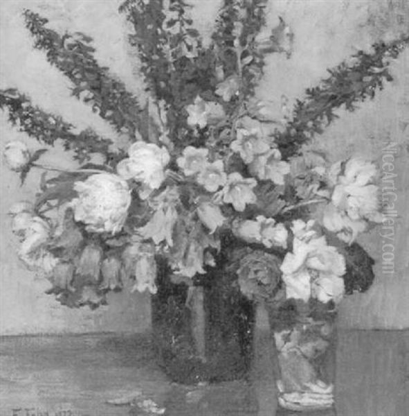 Stilleben Mit Rosen, Rittersporn Und Glockenblumen Oil Painting by Friedrich Fehr