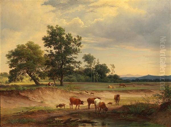 Open Landscape With Herdsman Resting Near Modling Oil Painting by Joseph Feid