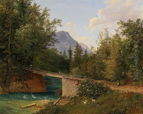 The Bridge By The Rettenbach Mill Near Bad Ischl Oil Painting by Joseph Feid