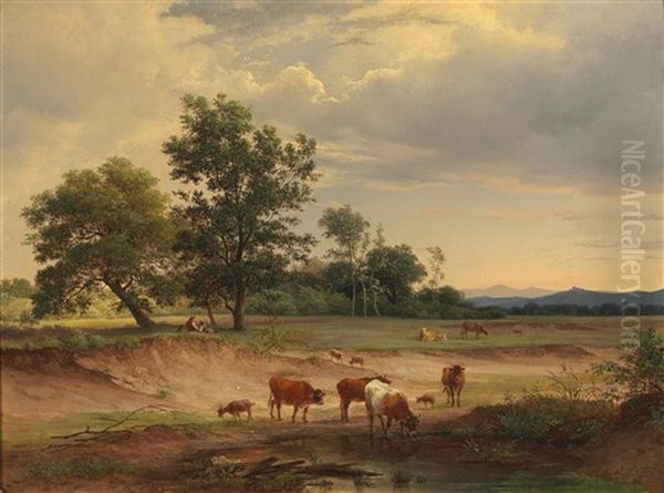 A Vast Landscape With Resting Shepherds Near Modling, In The Background Modling Castle Oil Painting by Joseph Feid