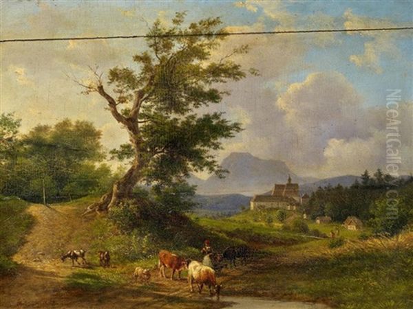 Neukirchen In Osterreich Mit Blick Auf Den Traunstein Oil Painting by Joseph Feid