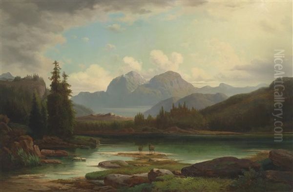 Rotwild Am Gebirgssee Oil Painting by Joseph Feid