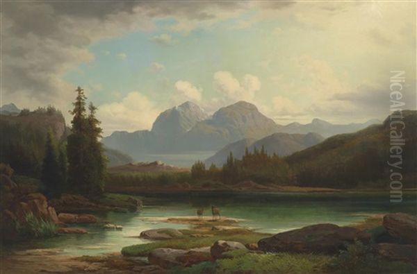 Rotwild Am Gebirgssee Oil Painting by Joseph Feid