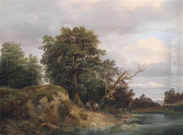 Angler Am Fluss Oil Painting by Joseph Feid