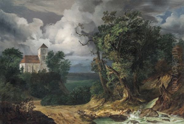 Gewitterstimmung Uber Einer Landschaft Mit Kirche Oil Painting by Joseph Feid