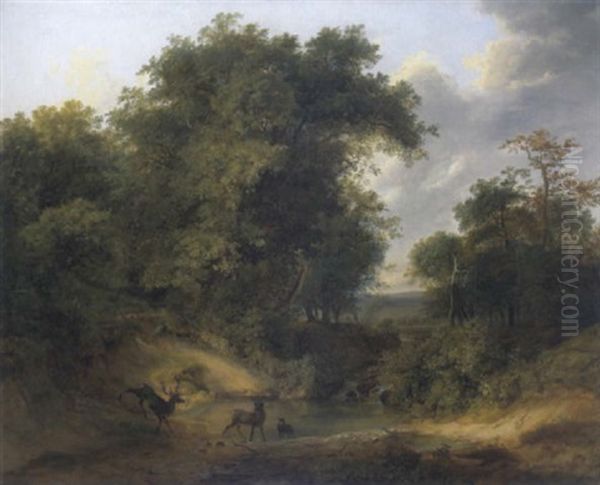 Landschaft Mit Rotwild An Der Furt Oil Painting by Joseph Feid