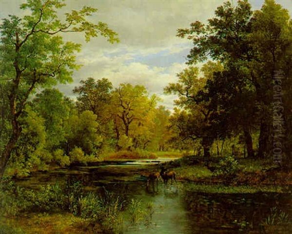 Aulandschaft Mit Rotwild Im Vordergrund Oil Painting by Joseph Feid