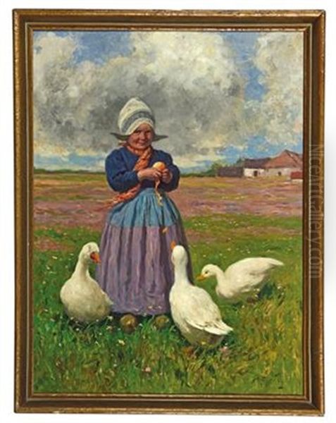 Hollandisches Madchen Mit Ganse Oil Painting by Karl Feiertag