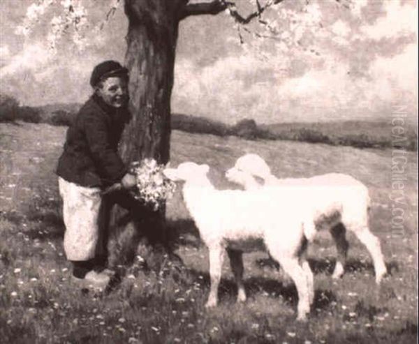 Young Boy Gathering Bouquet For Attendant Lambs Oil Painting by Karl Feiertag