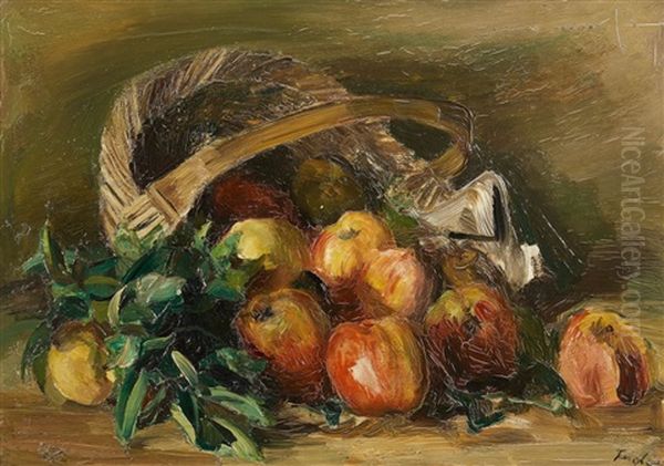 Still Life With A Basket Of Apples Oil Painting by Fritz Feigler