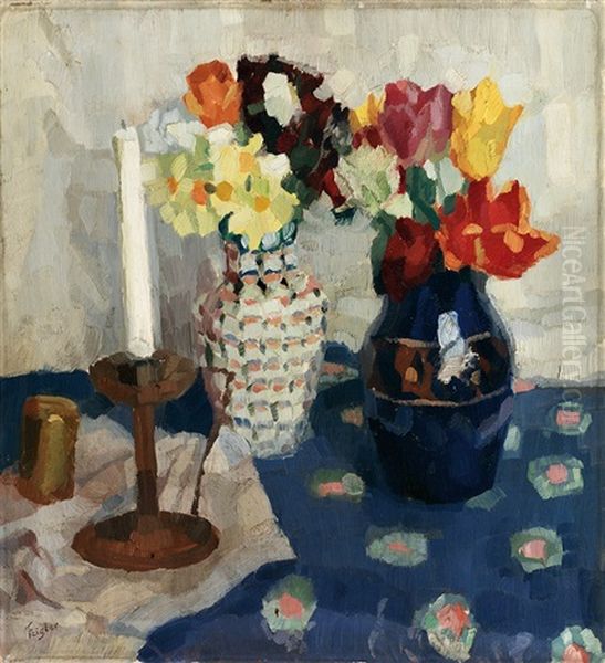 Stilleben Mit Zwei Blumenstrausen Und Kerze Oil Painting by Fritz Feigler