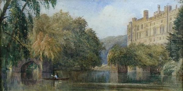 With A Man In A Rowing Boat On The River Oil Painting by Charles Reginald Aston