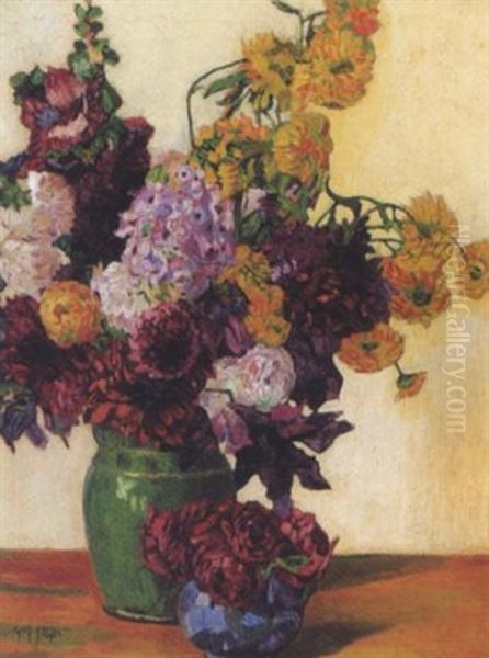 Blumenstilleben In Grunem Krug Oil Painting by Gustav Feith