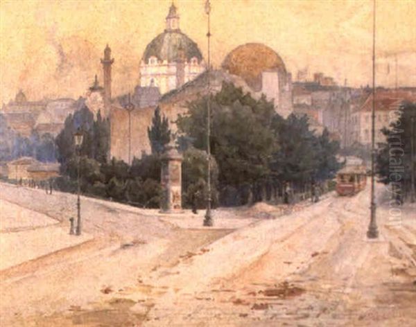 Blick Vom Getreidemarkt Auf Die Secession Und Die           Karlskirche Oil Painting by Gustav Feith