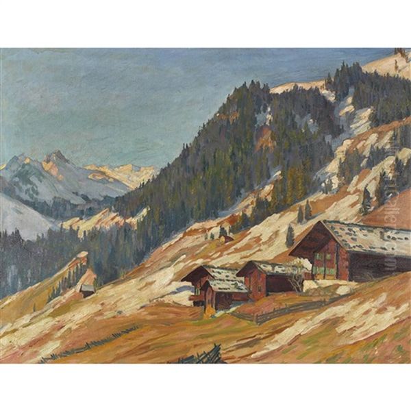 Vorfruhling In Adelboden (blick Gegen Hahnenmoos) Oil Painting by Carl Friedrich Felber