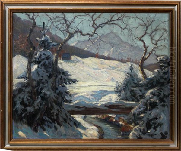 Bavarian Winter Landscape Oil Painting by Carl Friedrich Felber