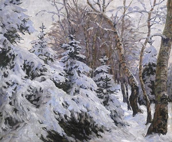 Im Winterwald. Blick Auf Verschneite Tannen Oil Painting by Carl Friedrich Felber