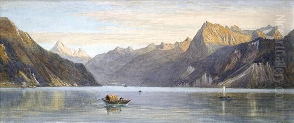 Bay Of Ure,lake Lucerne, With Fishing Boats And Steamer Oil Painting by Charles Reginald Aston