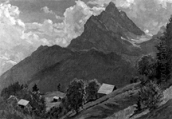 Alpenlandschaft Mit Berghutten Am Hang Oil Painting by Carl Friedrich Felber