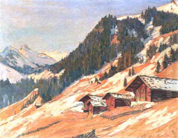 Vorfruhling In Adelboden Mit Blick Gegen Hahnenmoos Oil Painting by Carl Friedrich Felber