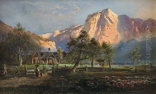 Sunset In Alps Oil Painting by Ferdinand Feldhuetter