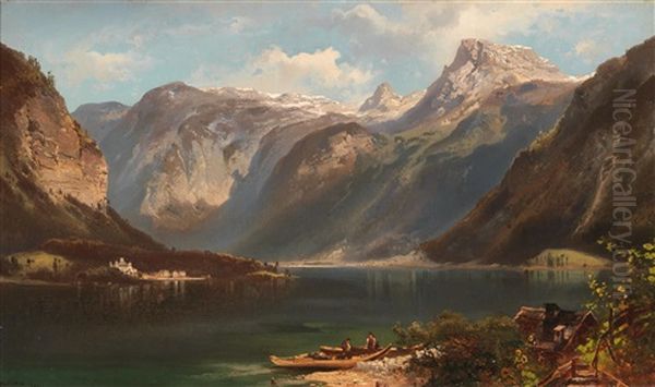 View Of The Hallstatter See With Schlos Grub In The Background Oil Painting by Ferdinand Feldhuetter