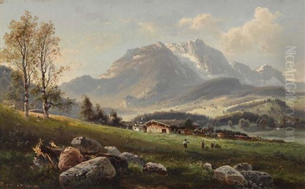 Gebirgslandschaft Mit Bauern Bei Der Heuernte Oil Painting by Ferdinand Feldhuetter