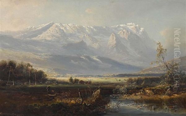 Blick Auf Alpspitze Und Das Zugspitzmassiv Oil Painting by Ferdinand Feldhuetter