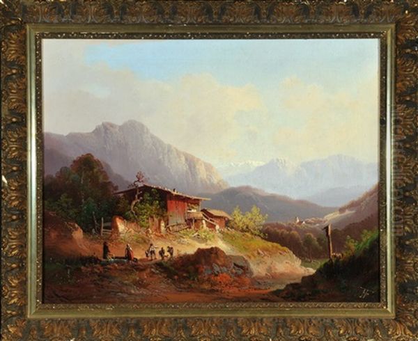 Bergbauernhof Mit Wanderern Oil Painting by Ferdinand Feldhuetter