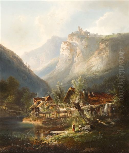 Gehoft In Alpinem Tal Mit Blick Auf Eine Burgruine Oil Painting by Ferdinand Feldhuetter