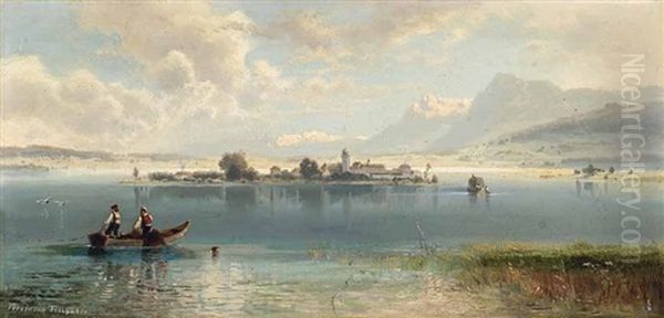 Fischer In Einem Kahn Vor Der Fraueninsel Oil Painting by Ferdinand Feldhuetter