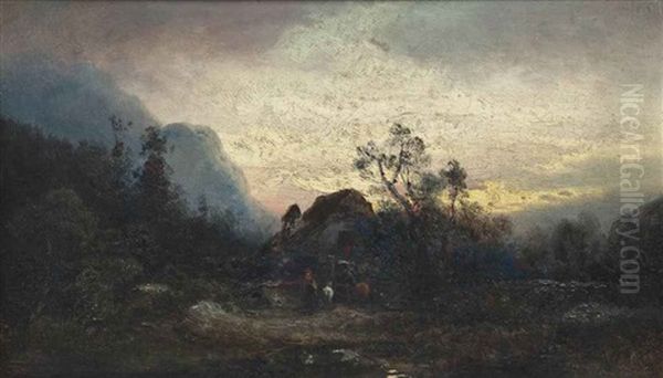 Riders Returning Home At Dusk (+ A Pool At Dusk; Pair) Oil Painting by Ferdinand Feldhuetter