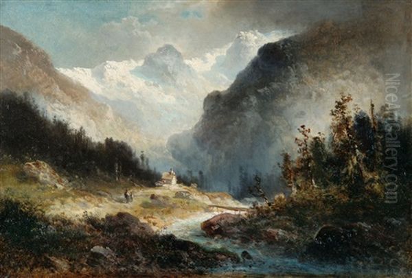 Kleine Kapelle An Einem Wildbach Im Hochgebirge Oil Painting by Ferdinand Feldhuetter