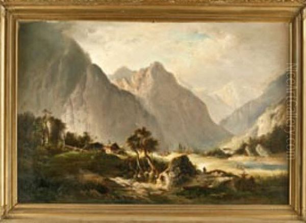 Romantische Gebirgslandschaft Oil Painting by Ferdinand Feldhuetter